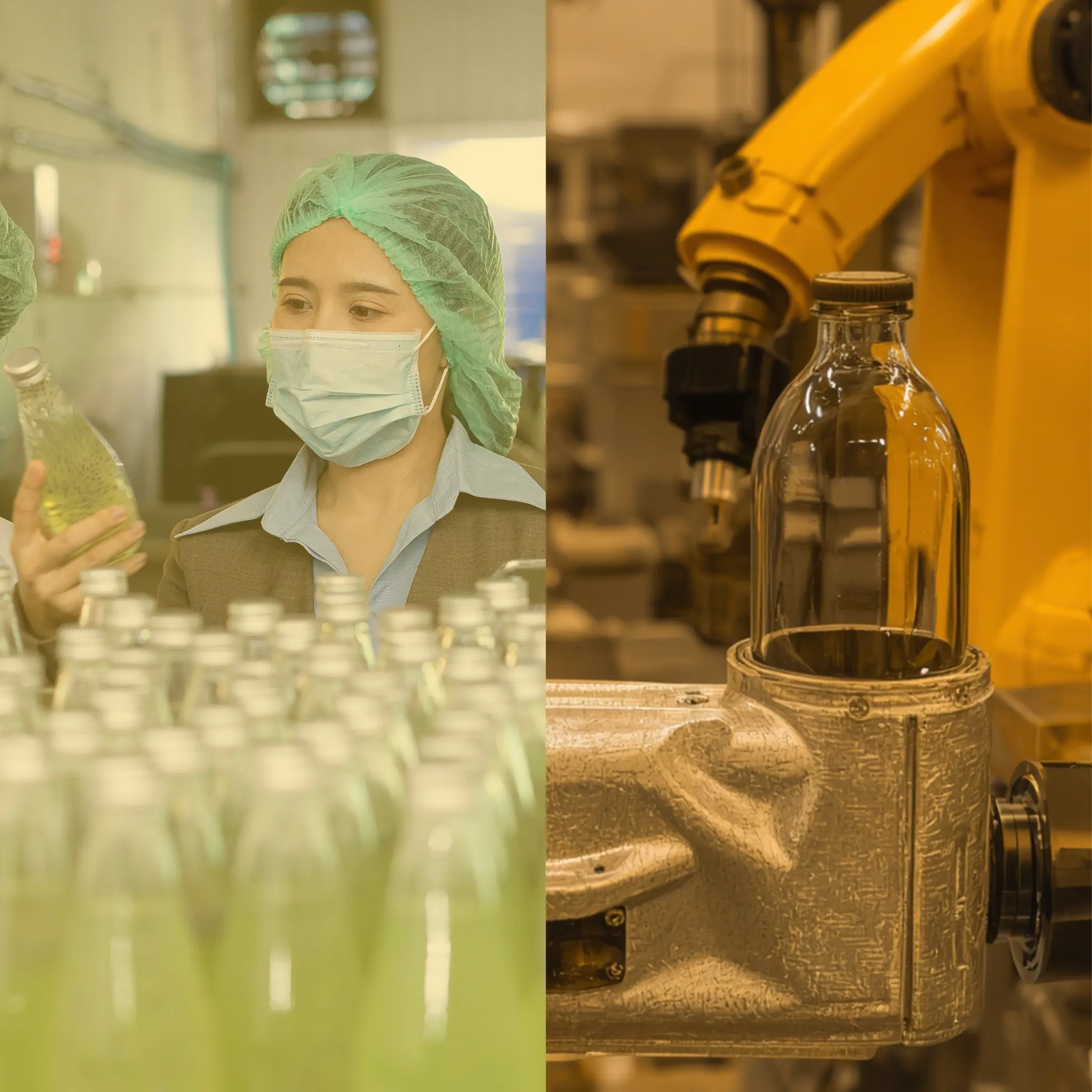 Automated FMCG bottle assembly line and a quality control worker conducting manual inspection for packaging integrity, showcasing the transition to AI-powered visual inspection.